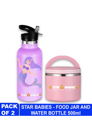 Star Babies Little Mermaid Theme Anti Spil Stainless Steel 500ml Water Bottles, Vacuum Insulated Double Wall Travel Bottle with Leak-Proof hot and cold with a special Straw 3 to 6 Years-  Lavender with food jar-Pink 500ml
