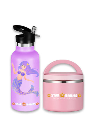 Star Babies Little Mermaid Theme Anti Spil Stainless Steel 500ml Water Bottles, Vacuum Insulated Double Wall Travel Bottle with Leak-Proof hot and cold with a special Straw 3 to 6 Years-  Lavender with food jar-Pink 500ml