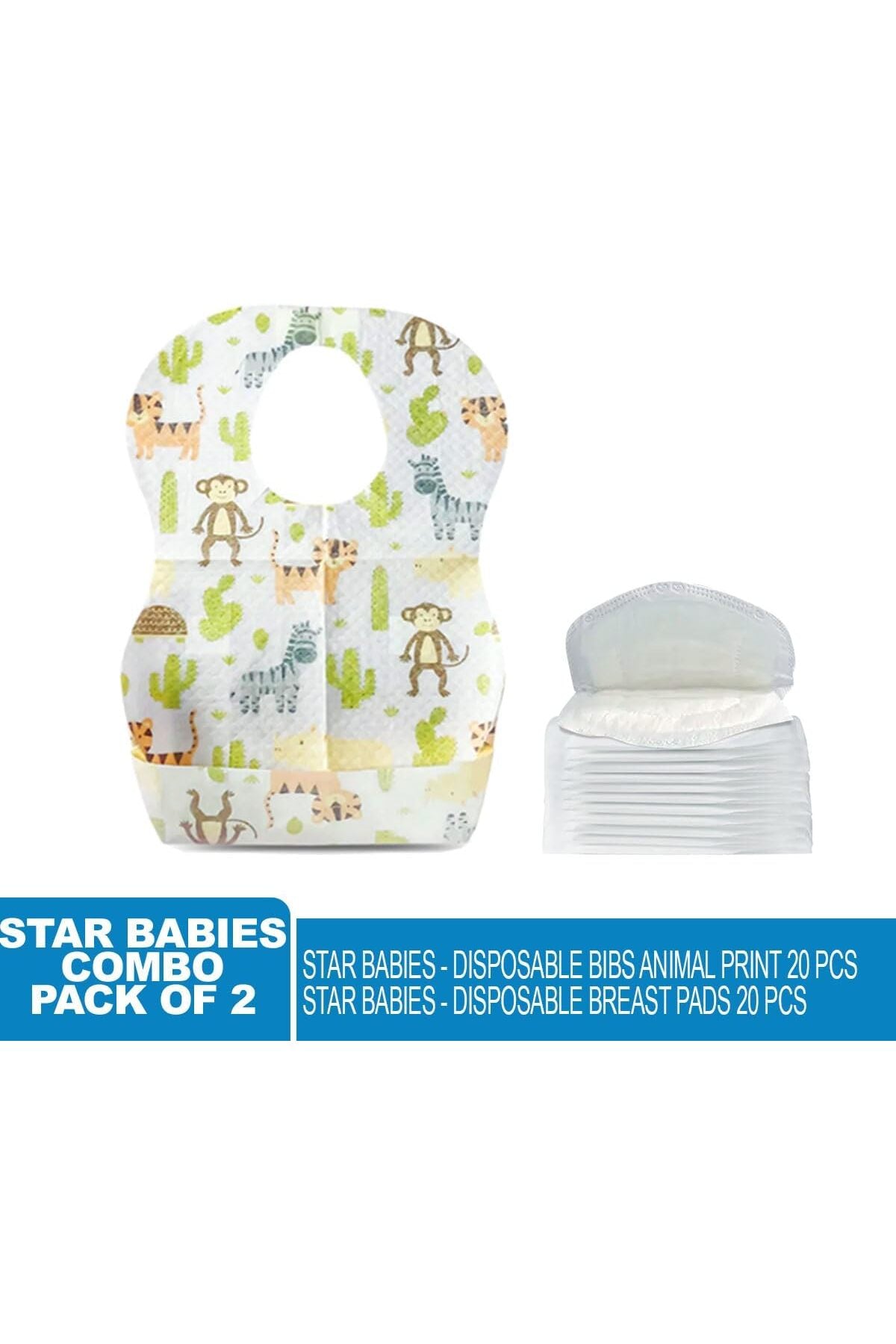 Star Babies - Combo Pack Of 2- Disposable Bibs Animal Print (20 Pcs) With Breast Pad