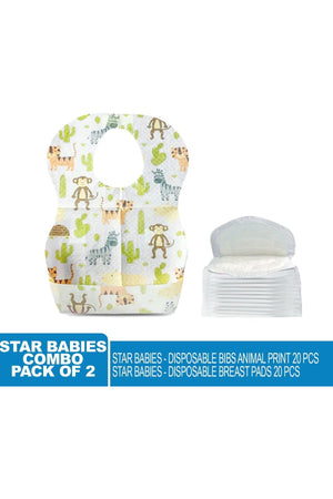 Star Babies - Combo Pack Of 2- Disposable Bibs Animal Print (20 Pcs) With Breast Pad