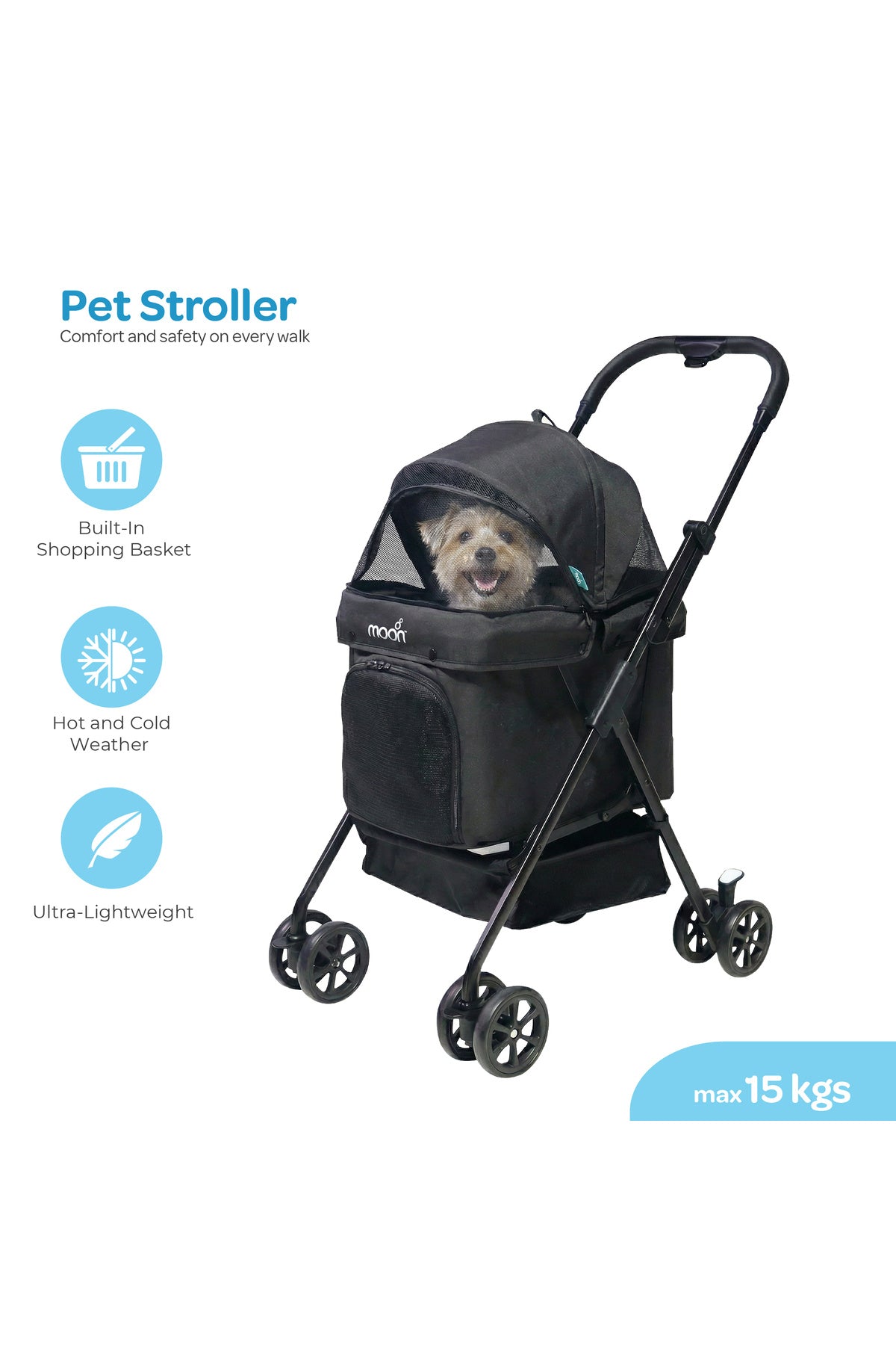 Moon  PawPerch Pet Stroller , Lightweight Foldable | Storage Basket & Waterproof Pad-Black