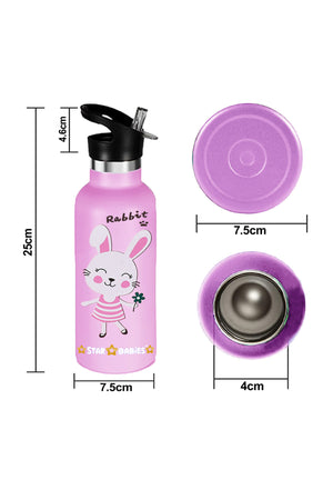 Star Babies Cute Rabbit Theme Anti Spil Stainless Steel 500ml Water Bottles, Vacuum Insulated Double Wall Travel Bottle with Leak-Proof hot and cold with a special Straw 3 to 6 Years-  Pink with food jar -Pink 500ml
