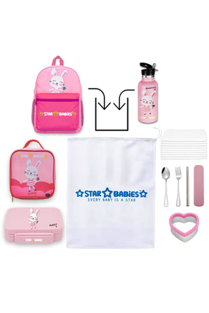 Star Babies Set of 4 – Cute Rabbit Theme 16" School Bag, 4-Compartment Lunch Box, Insulated Lunch Bag, 500ml Water Bottle