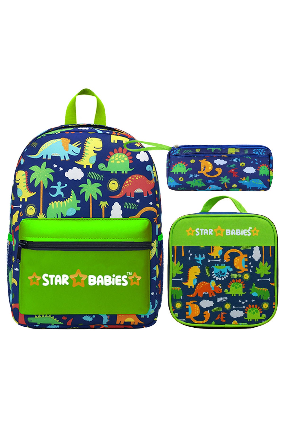 Star Babies 16-Inch Green Jungle Themed Children's Backpack with Adjustable Shoulder Strap for Hiking Large with Bento Lunch Bag and Dual Zipper Pencil Case Pack of 3