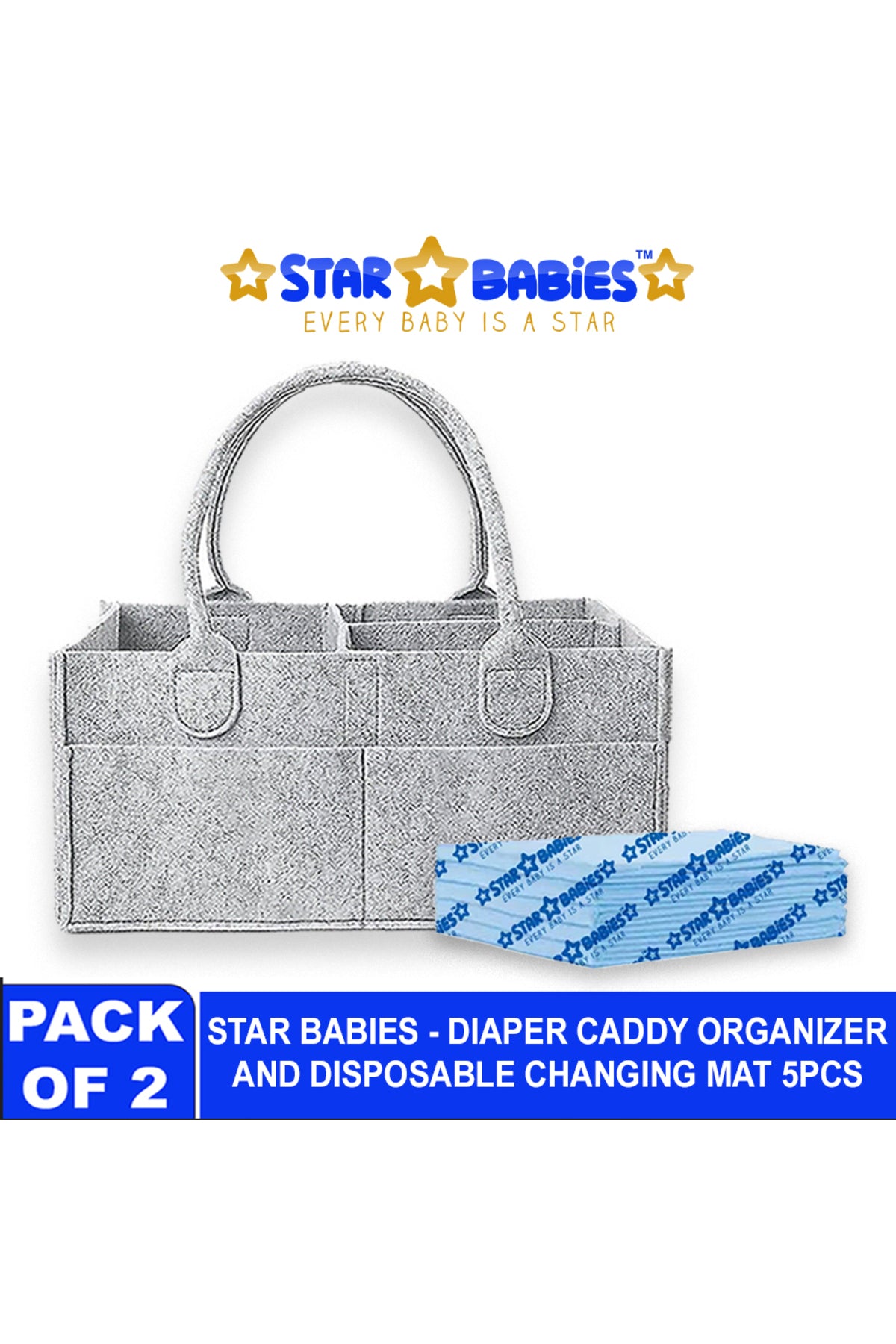 Star Babies - Baby Diaper Caddy Portable Organizer With Disposable Changing Mat - 5Pcs - Blue