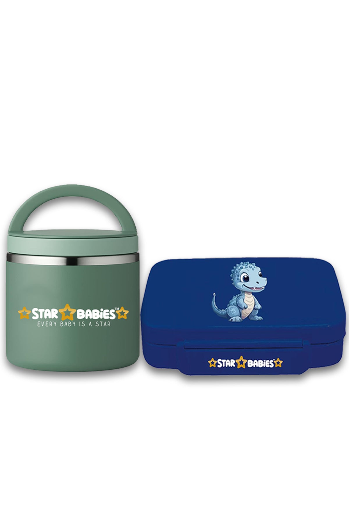 Star Babies - Star Babies Dino Themed Bento Lunch Box with 4 Compartments, BPA Free, Leak-Proof with Stainless Steel Food Jar-500 ml