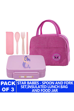Star Babies Insulated Mini Lunch Bag with 5 Compartment Lunch Box and Fork-Spoon Set- Purple