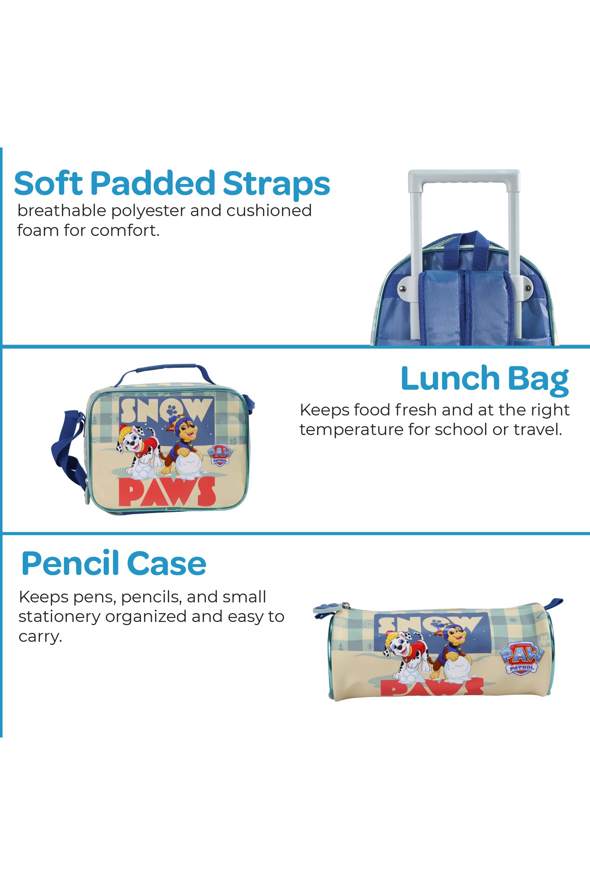 MOON Licensed Paw Patrol Snow Paw  3 in 1 Kids Trolley Set   - (16-Inch) Premium Kids School Bag with Lunch Bag & Pencil Case-Green