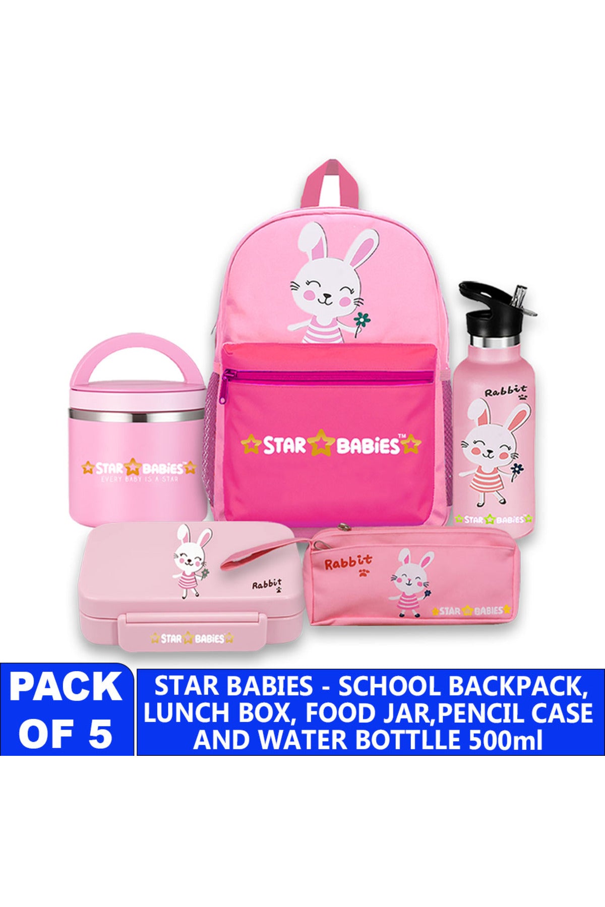 Star Babies 16-Inch Rabbit Themed Children's Backpack with  5 compartment Bento lunch box , water bottle and Dual Zipper Pencil Case with Food jar