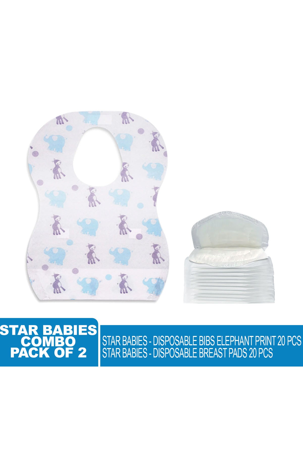 Star Babies - Combo Pack Of 2- Disposable Bibs Elephant Print (20 Pcs) With Breast Pad