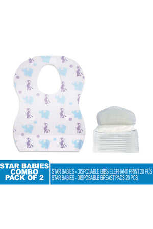 Star Babies - Combo Pack Of 2- Disposable Bibs Elephant Print (20 Pcs) With Breast Pad