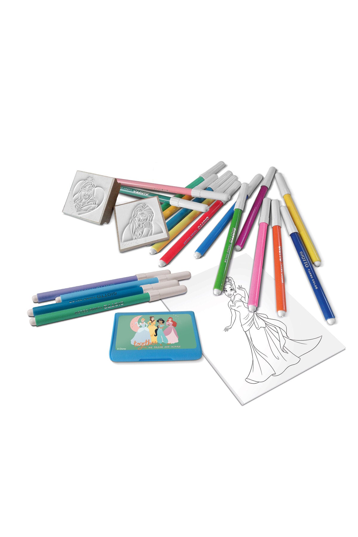 Disney Princess 18 Felt Tip Pen Set with Stamps & Ink Pad – Kids Coloring & Drawing Activity Set in Cardboard Box – Creative Stationery Gift for Girls