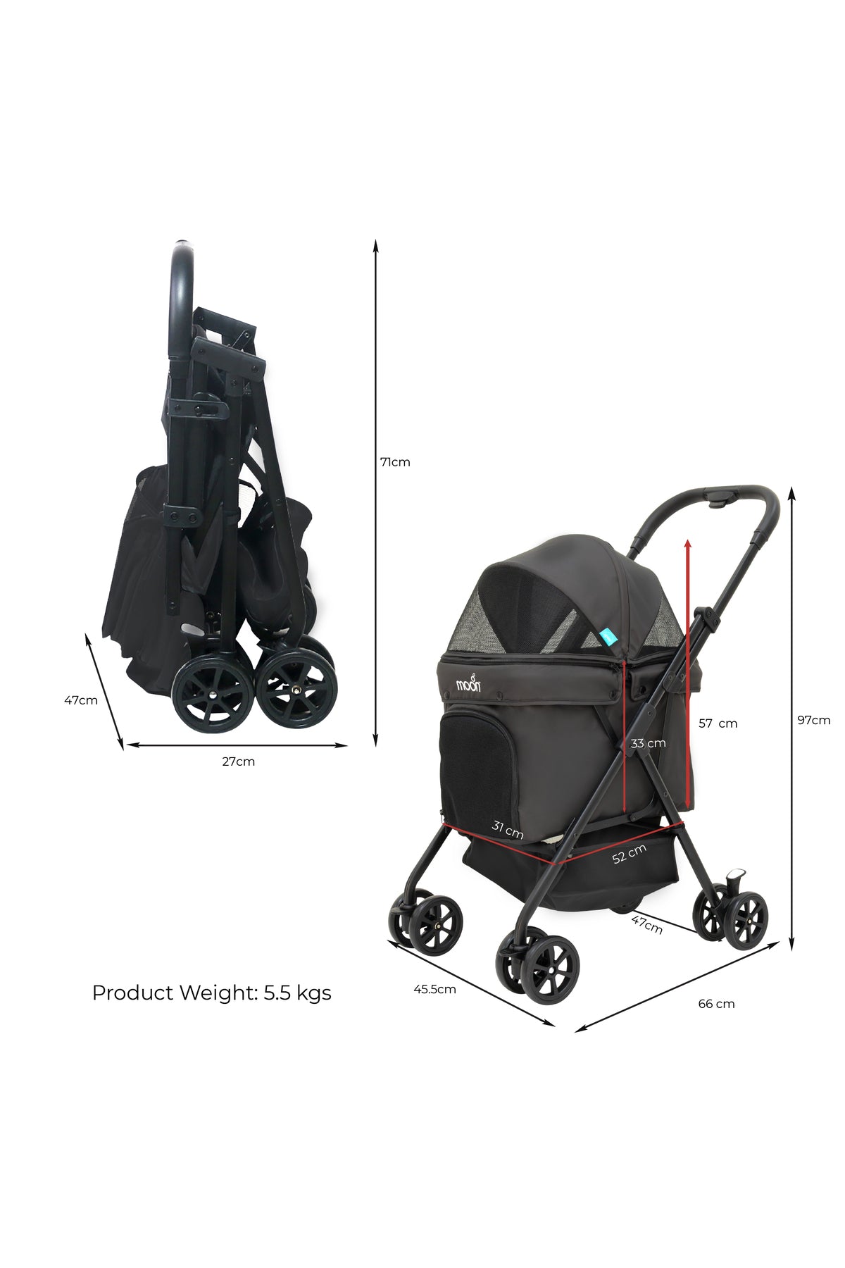 Moon  PawPerch Pet Stroller  Lightweight Foldable | Storage Basket & Waterproof Pad-Grey