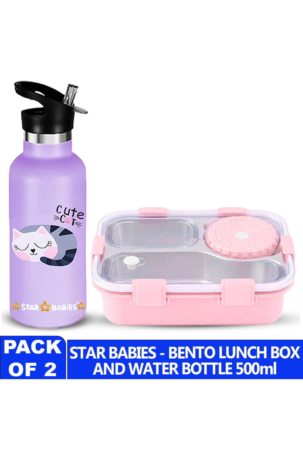 Star Babies Kids Lunch Box & Water Bottle Set | 500ml Stainless Steel Water Bottle | 3-Compartment Food Grade 304 Stainless Steel Lunch Box