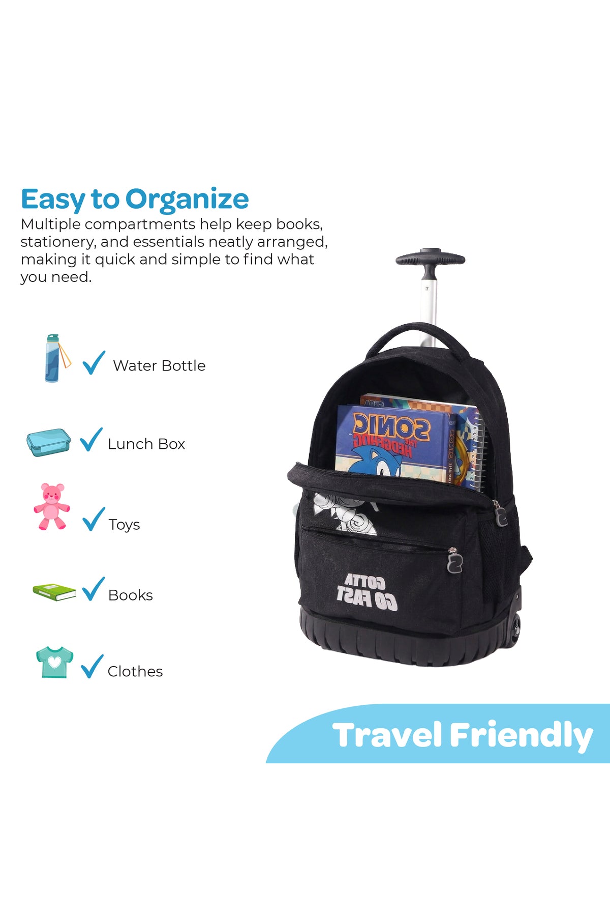MOON Licensed SONIC  the Hedgehog 3-in-1 Kids Trolley Backpack Set - (18-Inch) Premium Kids School Bag with Lunch Bag & Pencil Case-Black&Grey