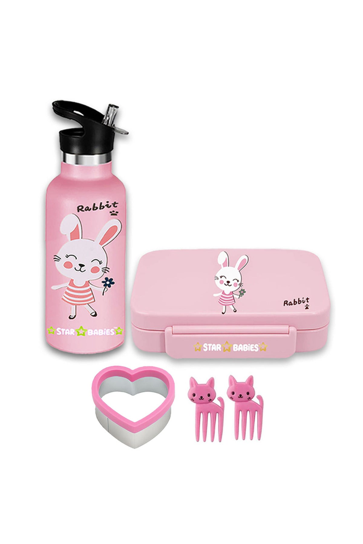 Star Babies - Star Babies Cute Rabbit Bento Lunch Box with 4 Compartments, BPA Free, Leak-Proof with Anti Spil Stainless Steel 500ml Water Bottles, Vacuum Insulated Double Wall Travel Bottle with Leak-Proof Straw Lid