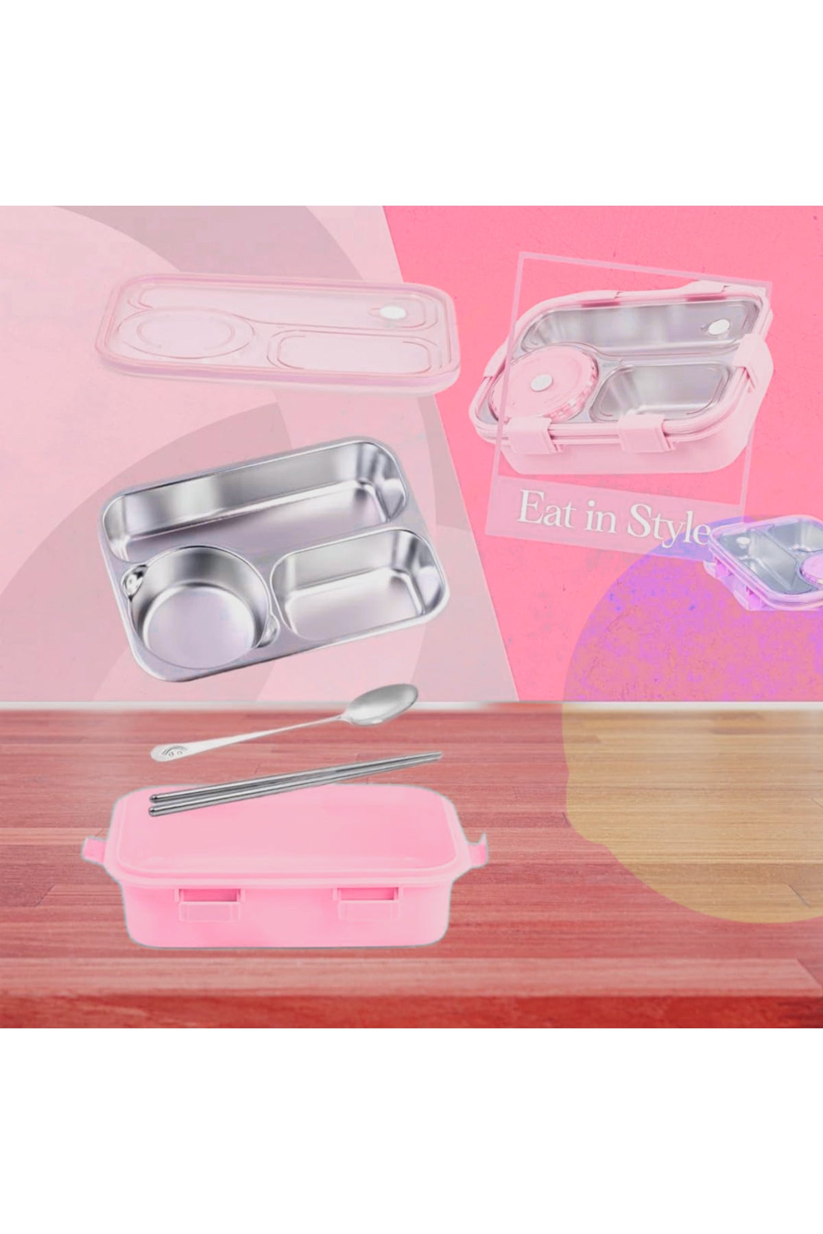Star Babies - 4 Compartments Stainless Steel Bento Lunch Box - Pink