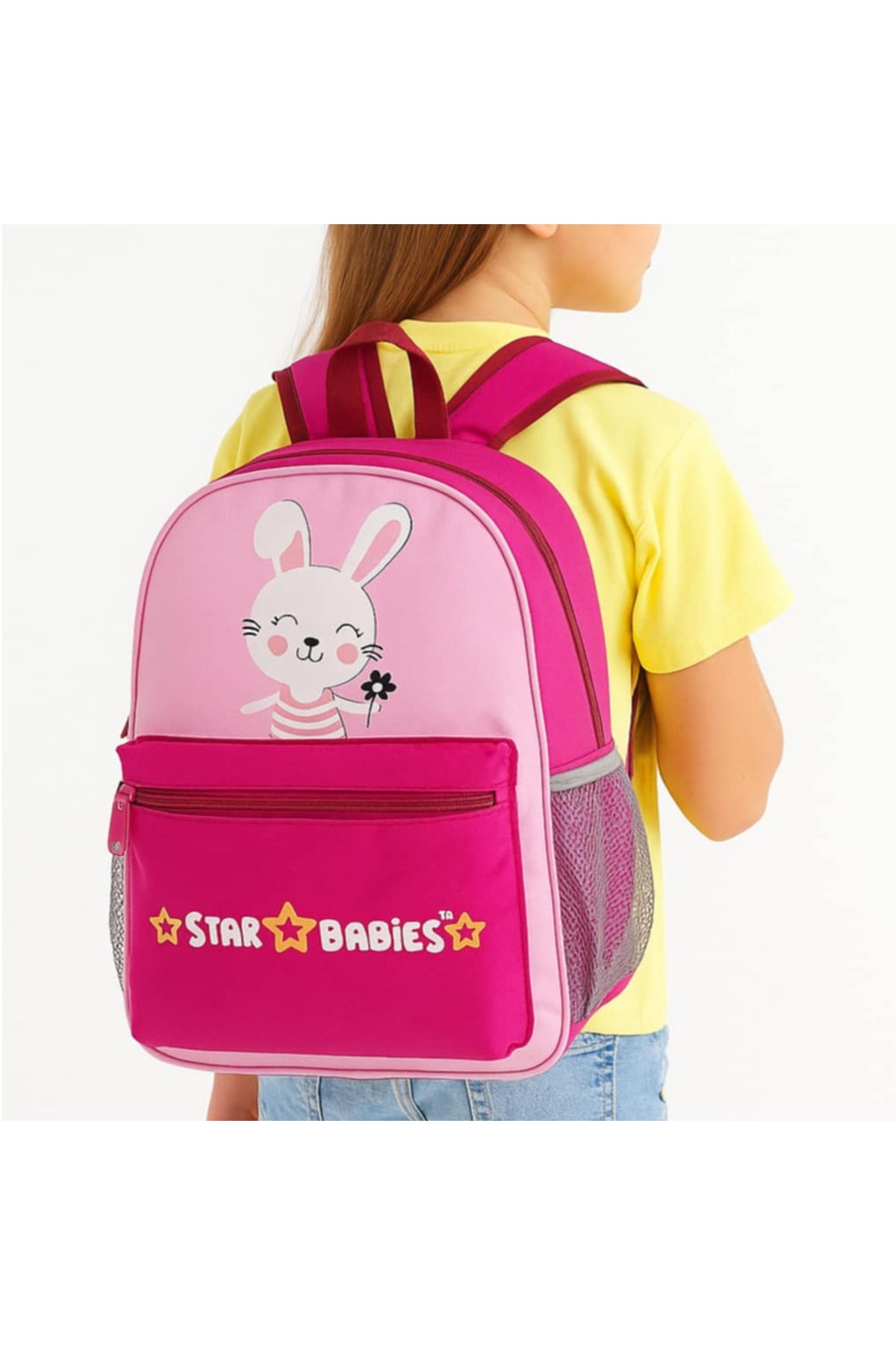 Star Babies 16-Inch Cute Rabbit Themed Children's Backpack with Adjustable Shoulder Strap for Hiking Large with 500 ml Stainless Steel Water Bottle and Bento Lunch Box with 4 Compartments, Leak-Proof, Toddler-Friendly, 3 Years+, Pack of 3