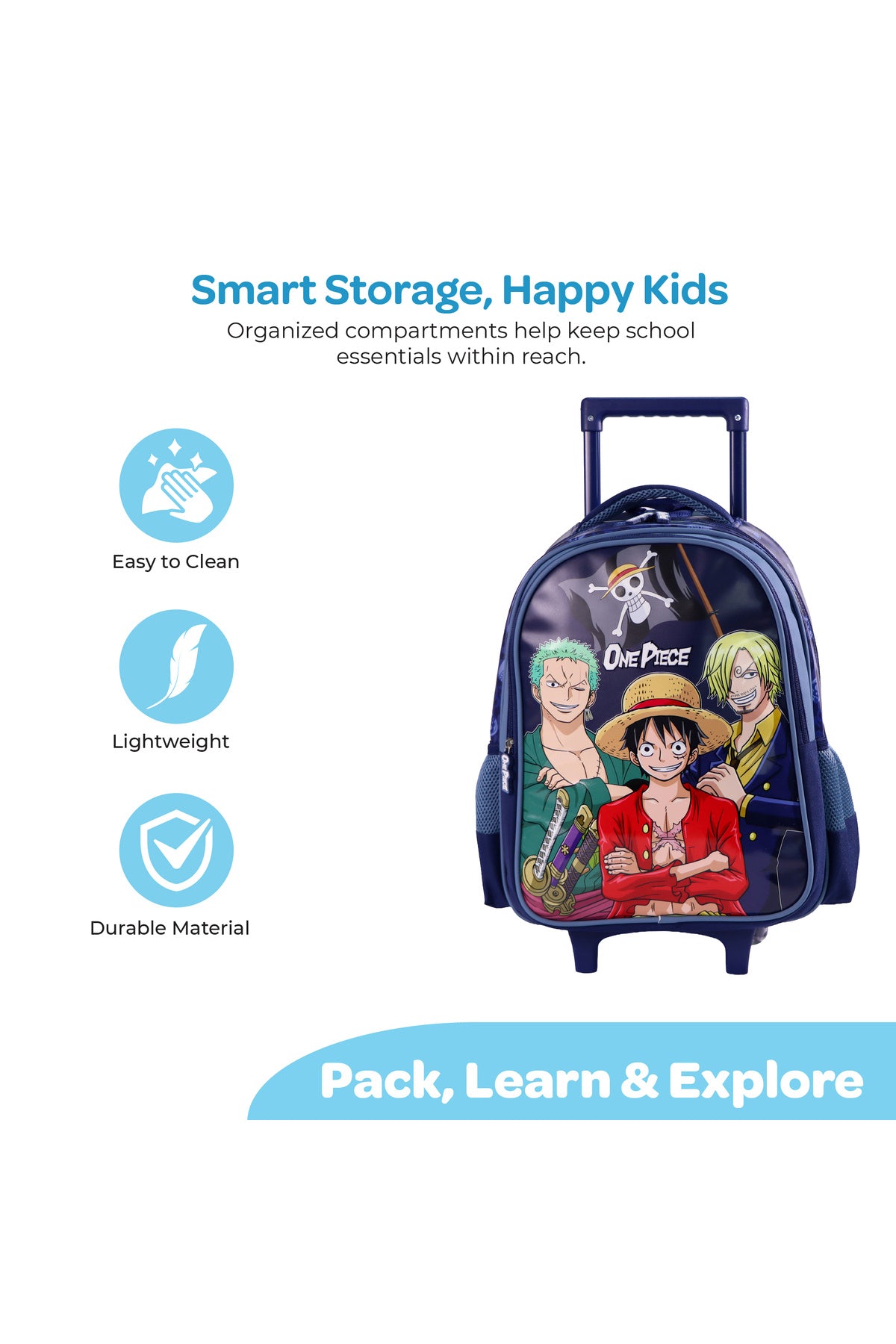 MOON Licensed One Piece3 in 1 Kids Trolley Set   - (16-Inch) Premium Kids School Bag with Lunch Bag & Pencil Case-Blue
