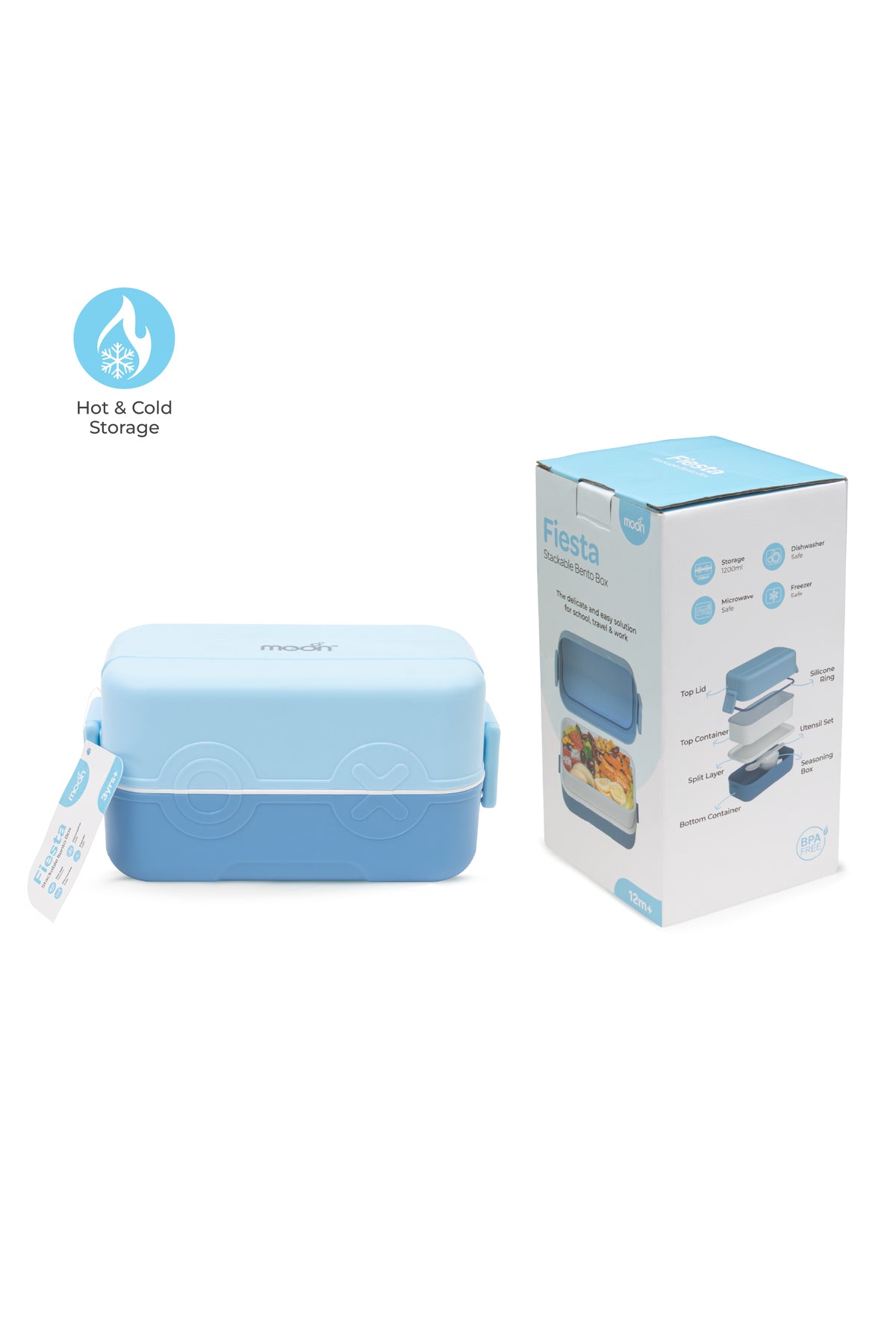 MOON Fiesta Kids Two-Tier Bento Lunch Box – BPA-Free, Leakproof, Stackable with Spoon & Seasoning Box – Blue