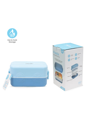MOON Fiesta Kids Two-Tier Bento Lunch Box – BPA-Free, Leakproof, Stackable with Spoon & Seasoning Box – Blue