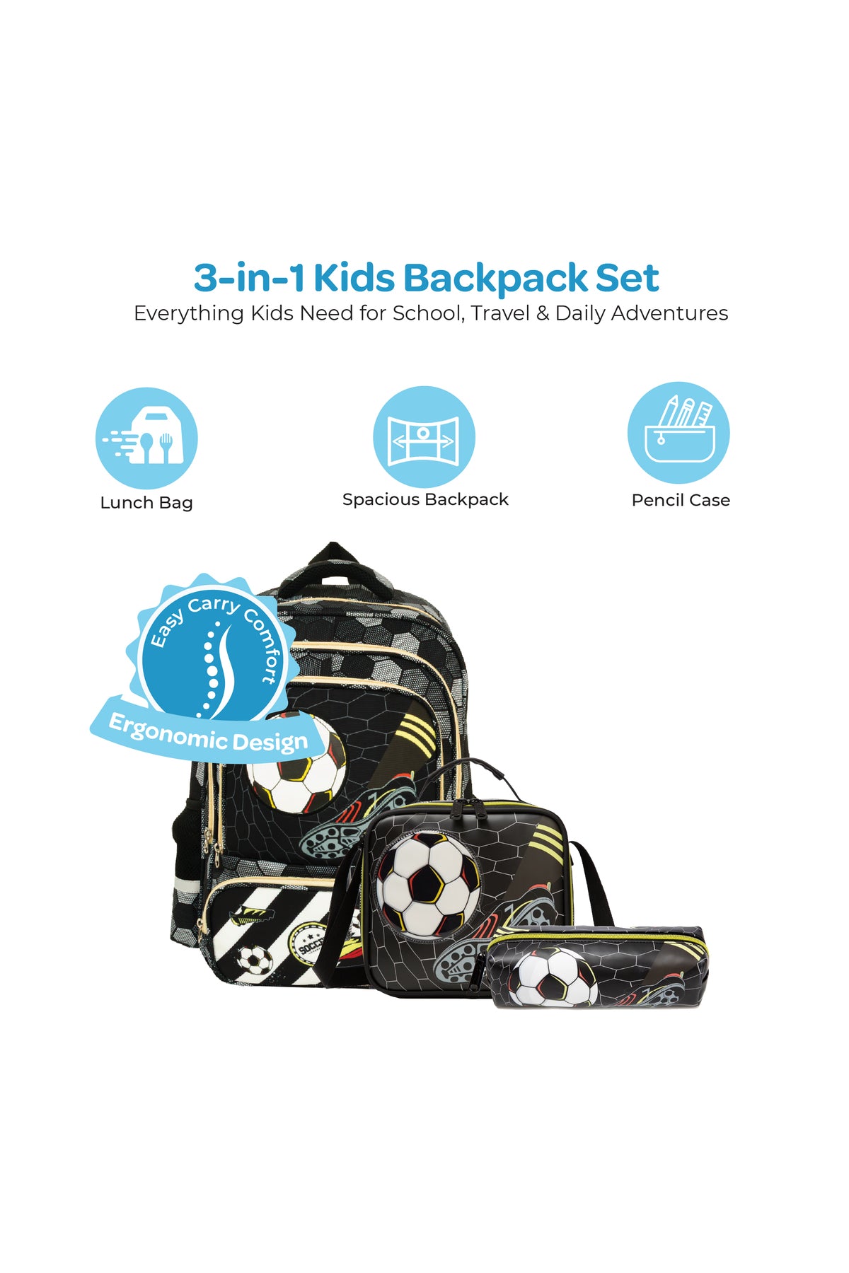 MOON  3 in 1 Kids Backpack  Set   - (16-Inch) Premium Kids School Bag with Lunch Bag & Pencil Case-Football