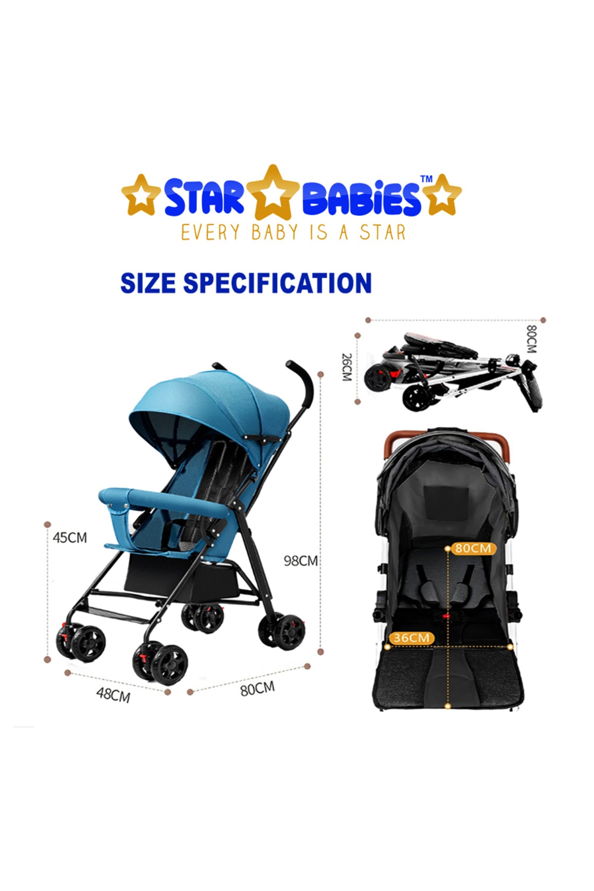 Star Babies - Lightweight Portable Infant Stroller W/ Compact Fold - Blue