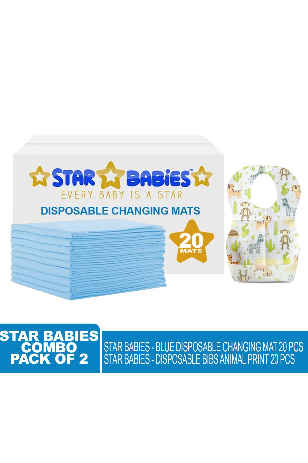 Star Babies Disposable Changing Mat 20 Pieces With Disposable Bibs 20 Pieces - Blue