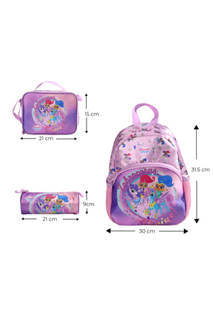 MOON Licensed Shimmer and Shine 3 in 1 KidsBackpack Set  - (13-Inch) Premium Kids School Bag with Lunch Bag & Pencil Case-Purple