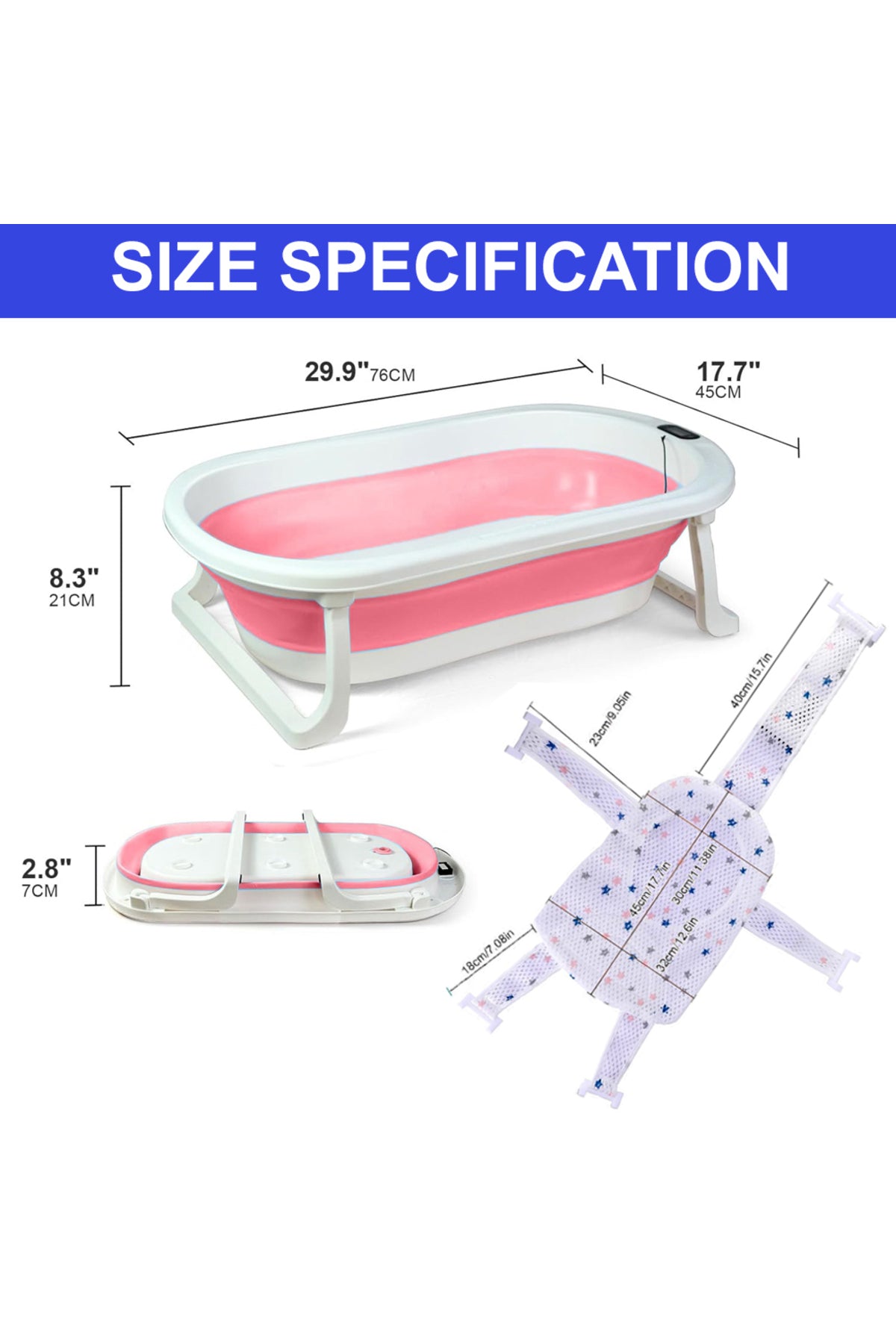 Star Babies - Baby Foldable Bathtub With Thermometer & Bath Seat Support Net, Set - Pink - Pack of 2