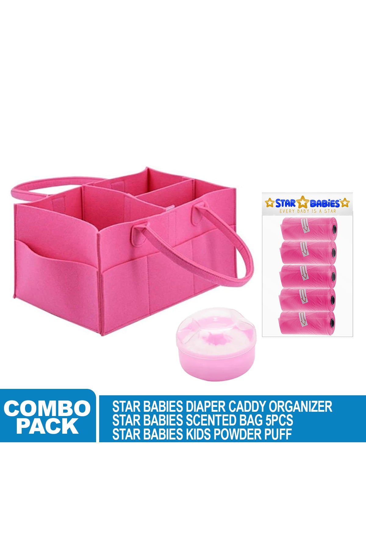 Star Babies Pack of 3 (Caddy Diaper Organizer, Scented Bag Pack of 5 (75bags), Powder Puff Pink)