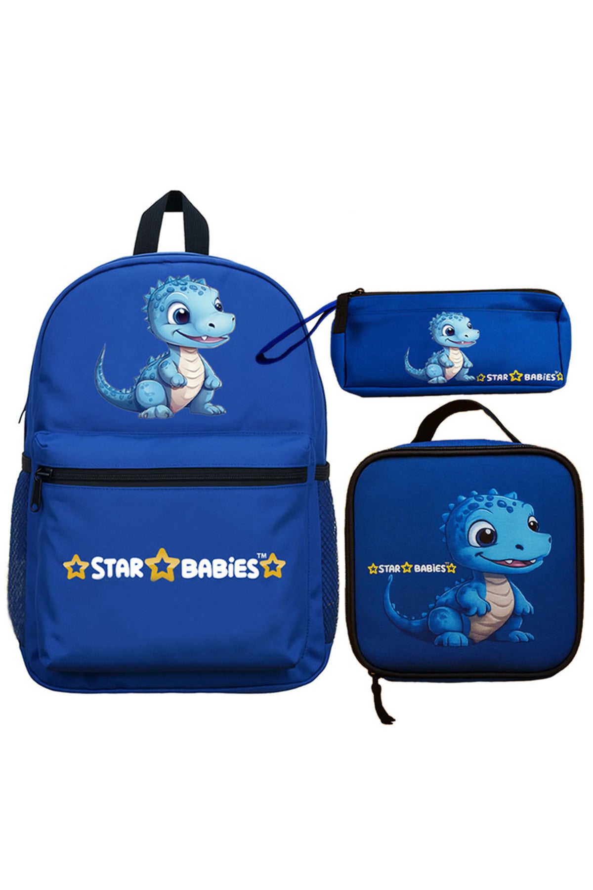 Star Babies 16-Inch Dino Themed Children's Backpack with Adjustable Shoulder Strap for Hiking Large with Bento Lunch Bag and Dual Zipper Pencil Case Pack of 3