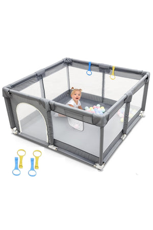Star Babies - Baby Playpen With 4 Pull-Up Rings - Dark Grey - 120 x 120 cm