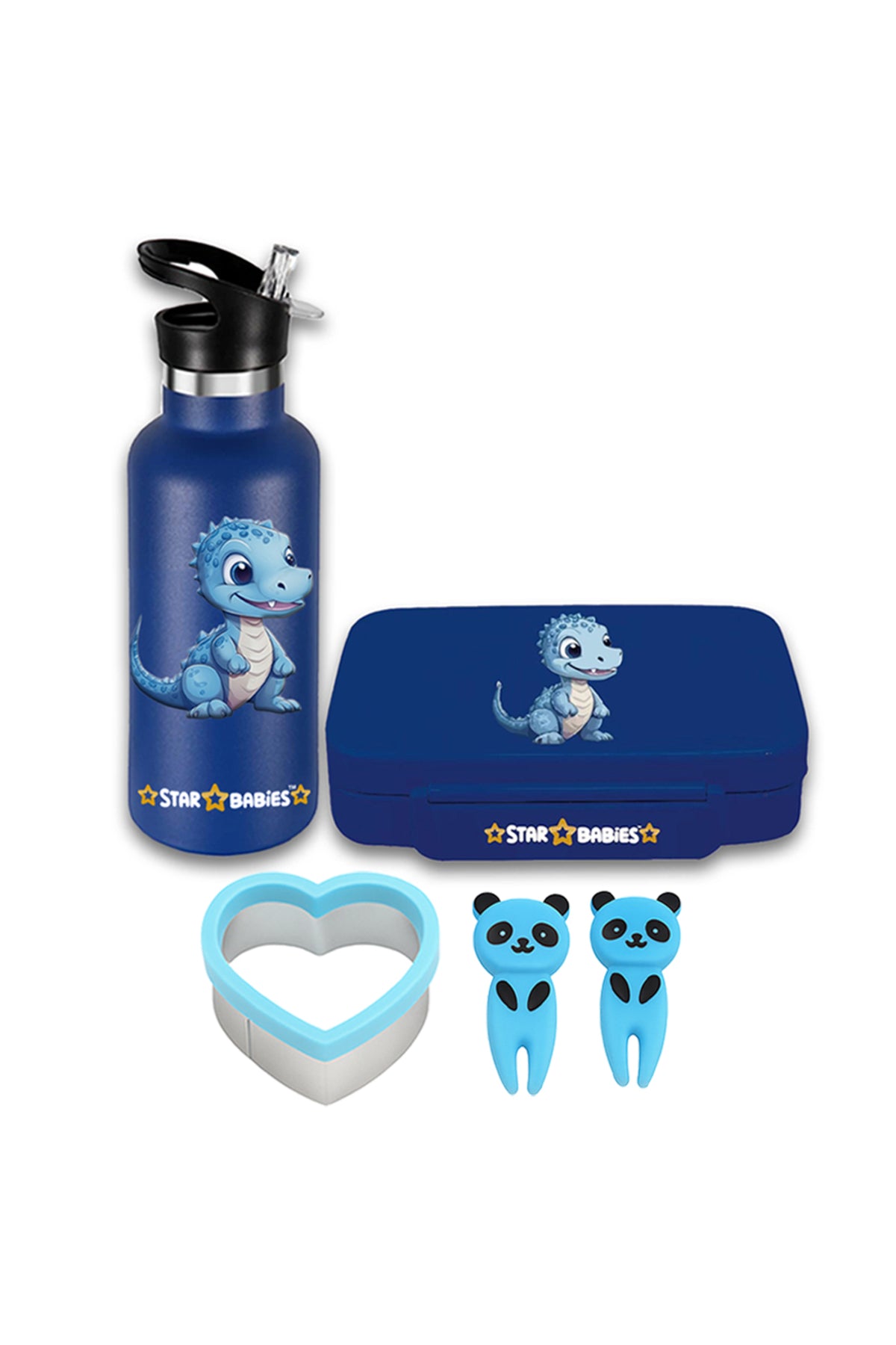 Star Babies - Bento Lunch Box With 4 Compartments & Stainless Steel Water Bottle - Dino - 500 ml with Free Sandwich Cutter, Fruits Picks