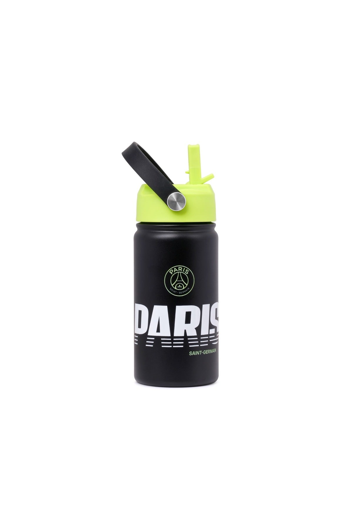 Paris Saint Germain Stainless Steel Insulated Water Bottle 400ml with Straw Lid, PSG Football Leakproof School Bottle for Boys, Teens & Kids, Reusable Metal Sports Bottle for Gym, Travel & Outdoor Use (Green & Black)