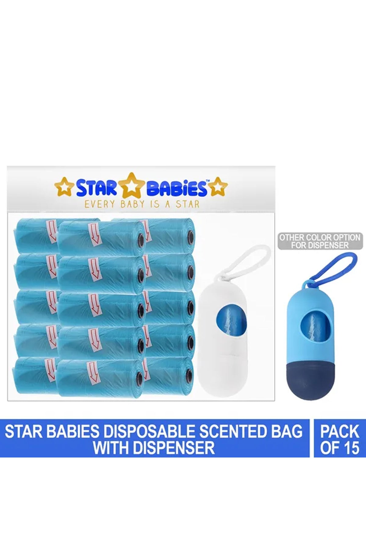 Star Babies Pack of 15/225 Bags Scented Nappy Bag Blue & Assorted Dispenser