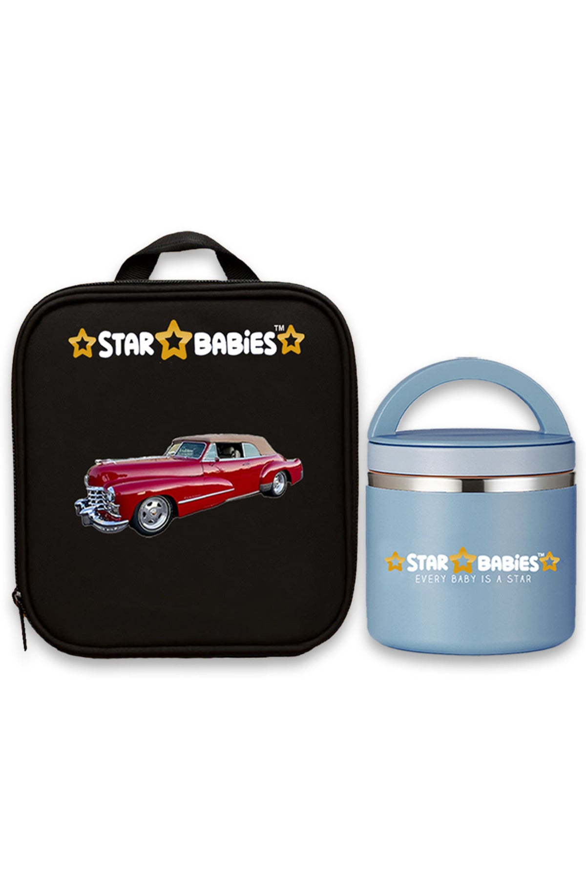 Star Babies Retro Car Themed Bento Lunch Bag , Toddler-Friendly, 3 Years+, Easy to clean-  Black with food jar Blue- 500ml