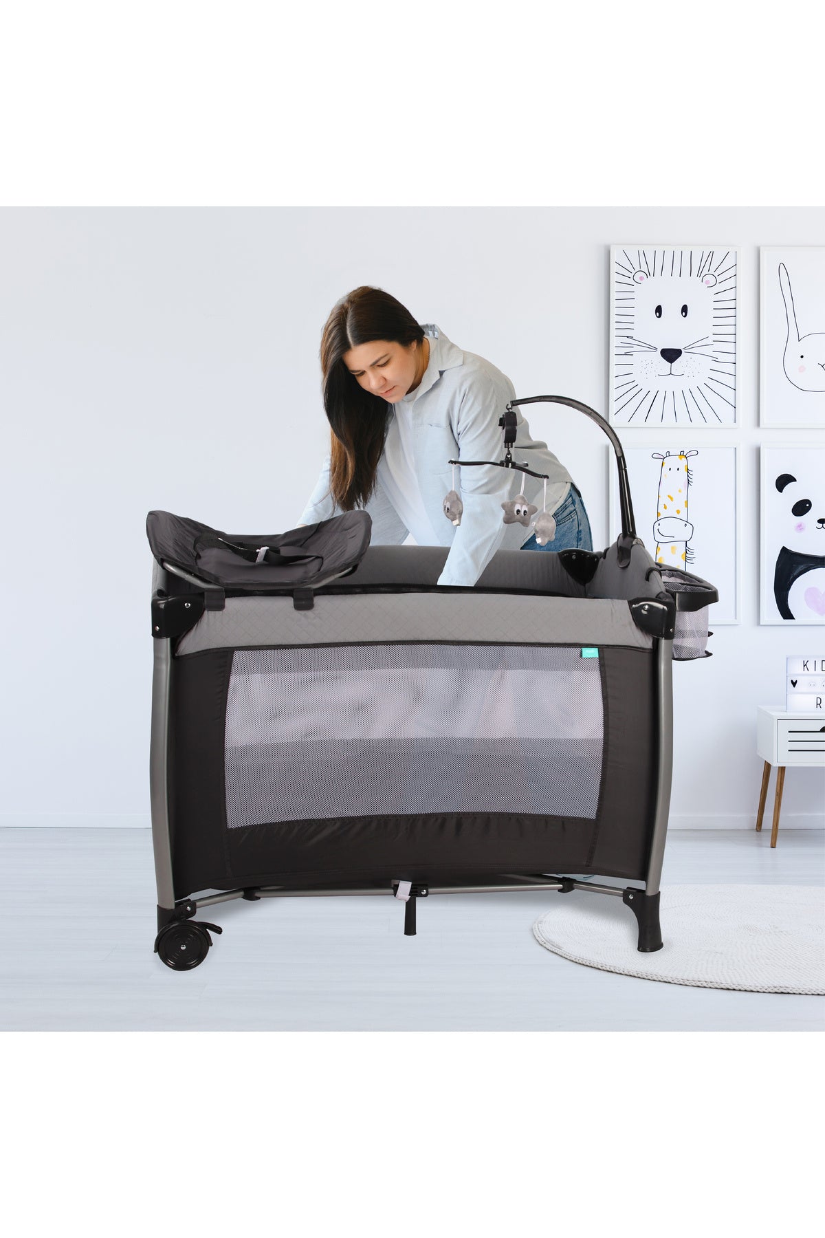 MOON Joypod Playpen with Removable Diaper Changer , Musical Toy & Lockable Wheels-Black