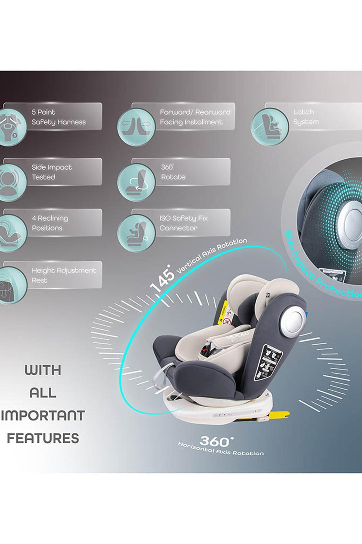 MOON GYRO Baby Car Seat for Child Group 0+/1/2/3 (0-36 kg/0-12 Year) ISOFIX+ Top Tether Rotation 360° Grey