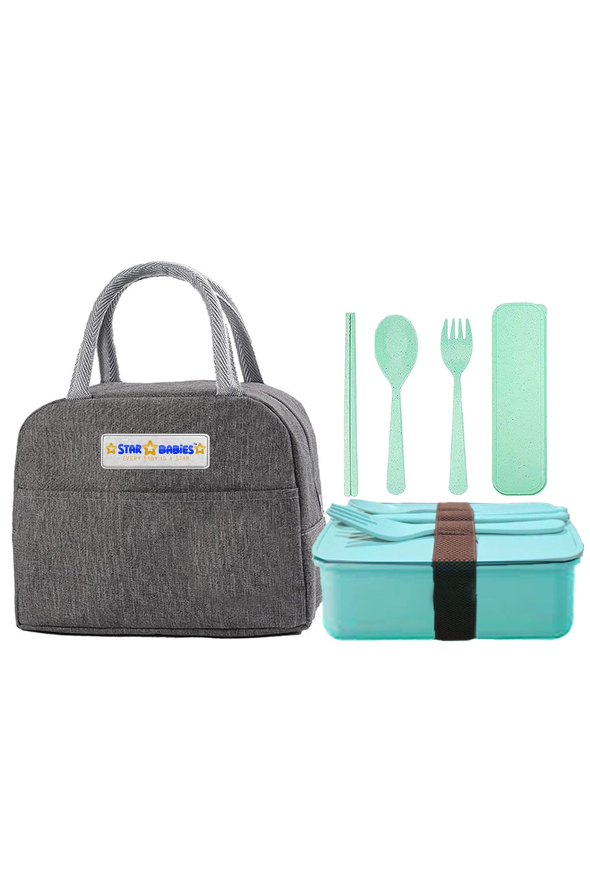Star babies pack of 3 combo -  Insulated lunch bag with single compartment lunch box and organic cuttlery set.