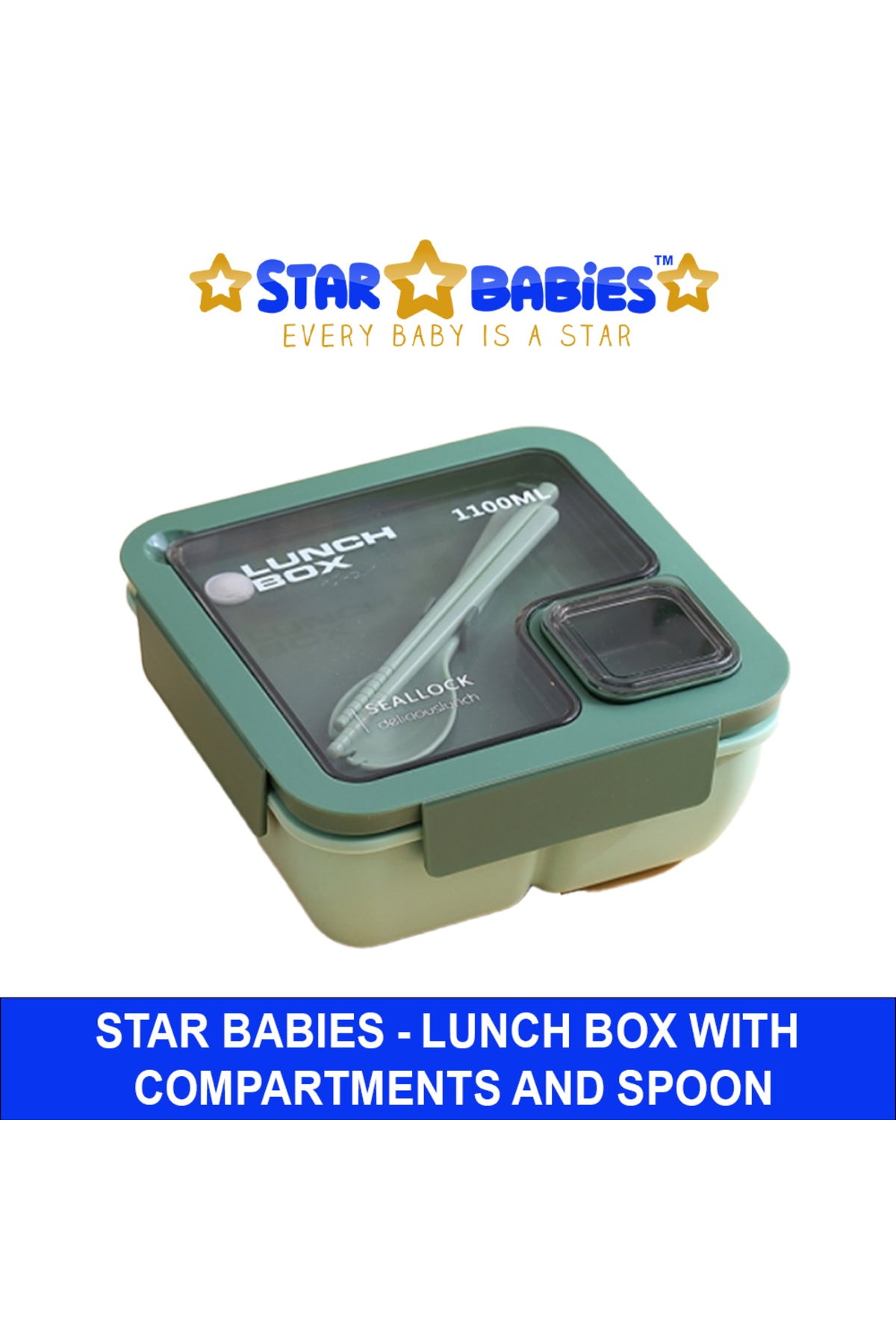 Star Babies - Lunch Box With 2 Compartments, Spoon And Fork - Green - 1100ml