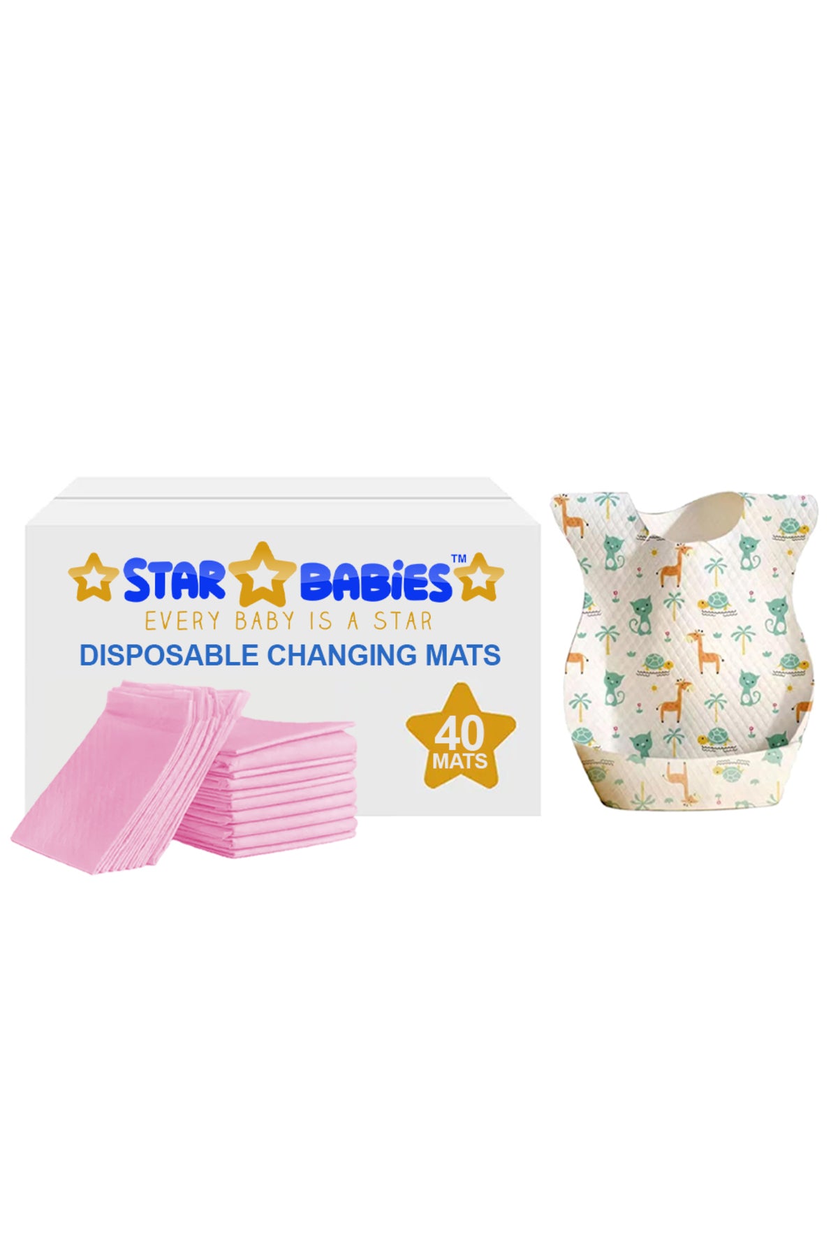 Star Babies - Disposable Changing Pads With Kids Disposable Paper Bibs With Catcher 60Pc Set - Pink