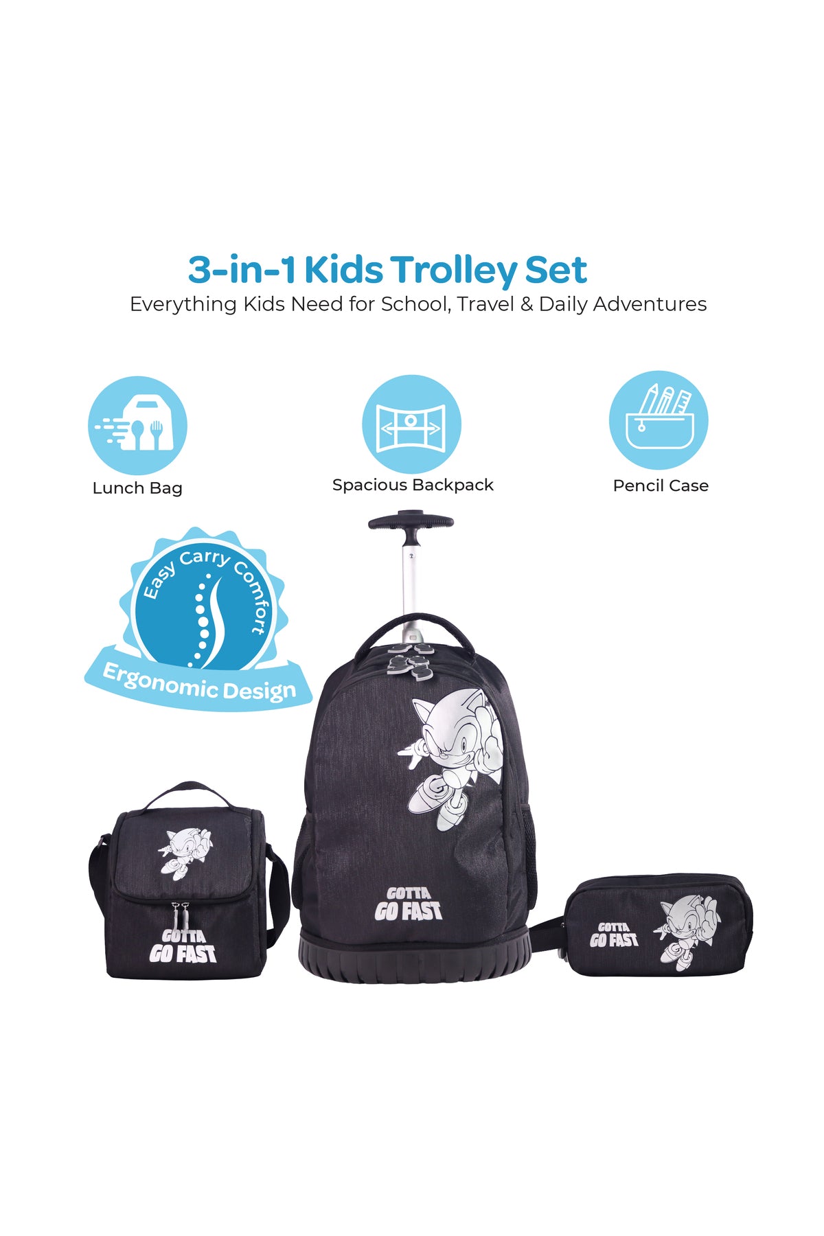 MOON Licensed SONIC  the Hedgehog 3-in-1 Kids Trolley Backpack Set - (18-Inch) Premium Kids School Bag with Lunch Bag & Pencil Case-Black&Grey