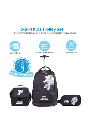 MOON Licensed SONIC  the Hedgehog 3-in-1 Kids Trolley Backpack Set - (18-Inch) Premium Kids School Bag with Lunch Bag & Pencil Case-Black&Grey
