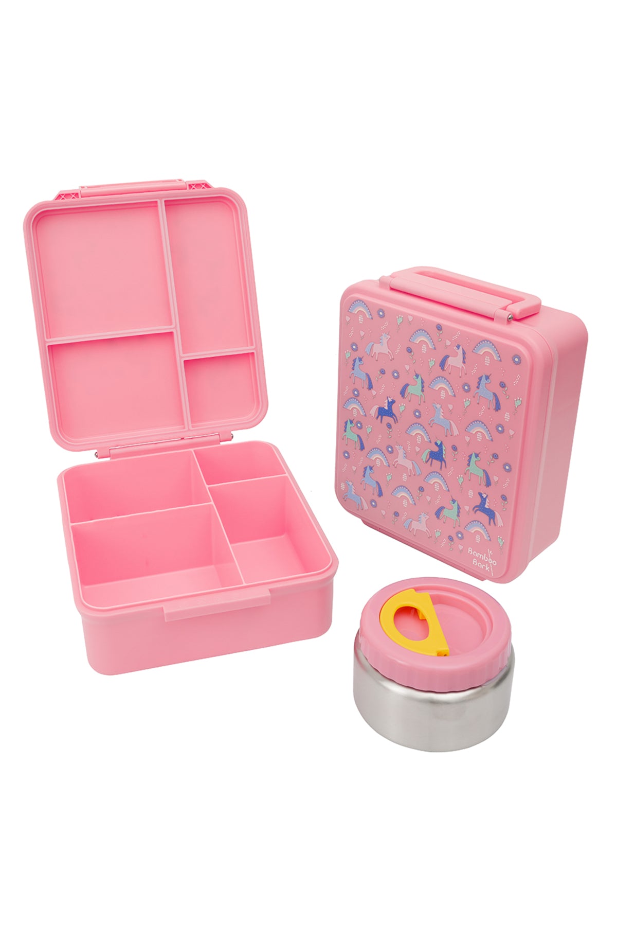 Bamboo Bark childrens kids large school lunch box, bento, snack box with compartments for kids, food jar included