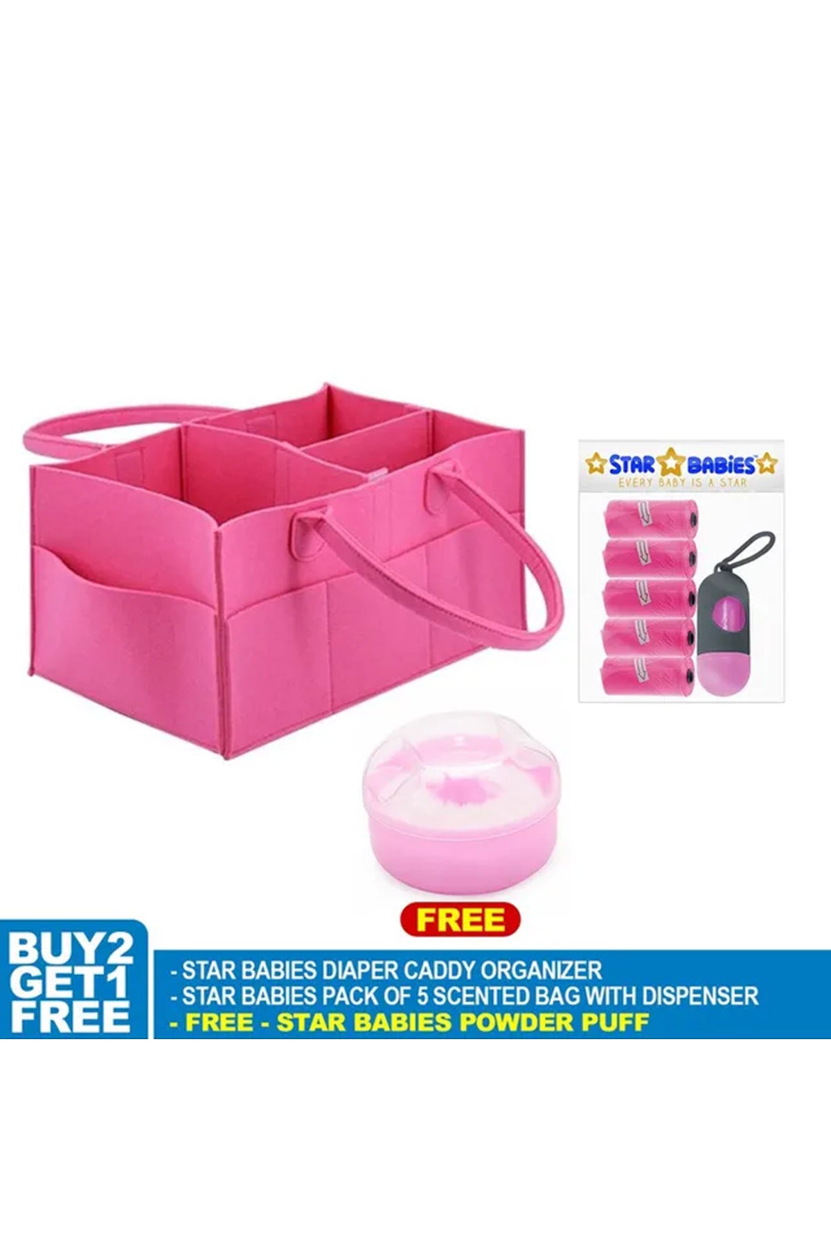 Star Babies - Diaper Caddy Organizer with Scented Bag Dispenser & Powder Puff - Pink