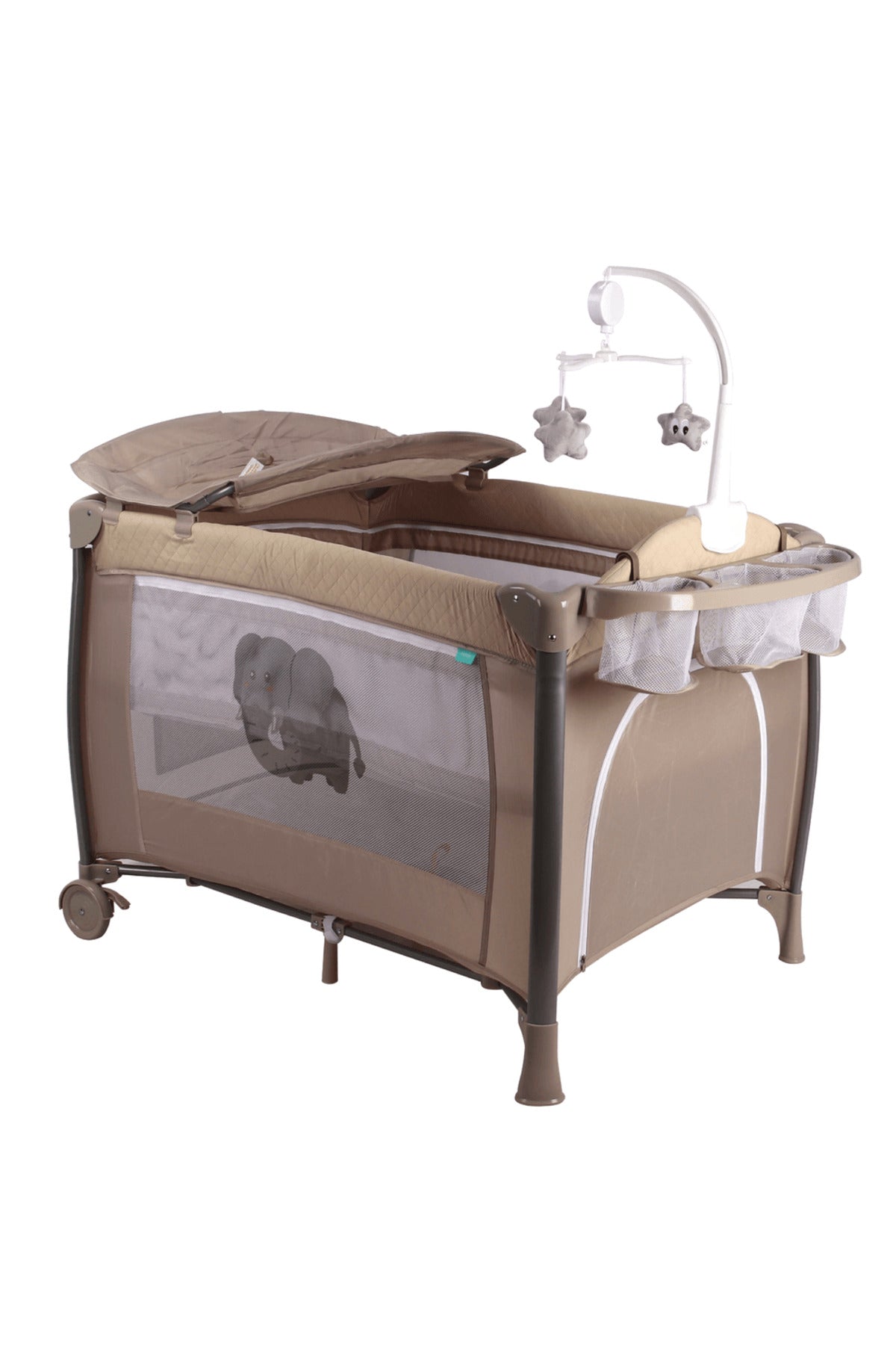 MOON Joypod Playpen with Removable Diaper Changer , Musical Toy & Lockable Wheels-Beige
