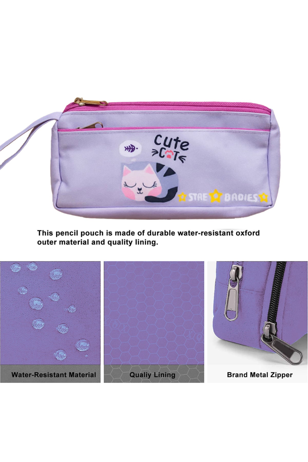 Star Babies 16-Inch Cute Cat Themed Children's Backpack with Adjustable Shoulder Strap for Hiking Large with Bento Lunch Bag and Dual Zipper Pencil Case Pack of 3