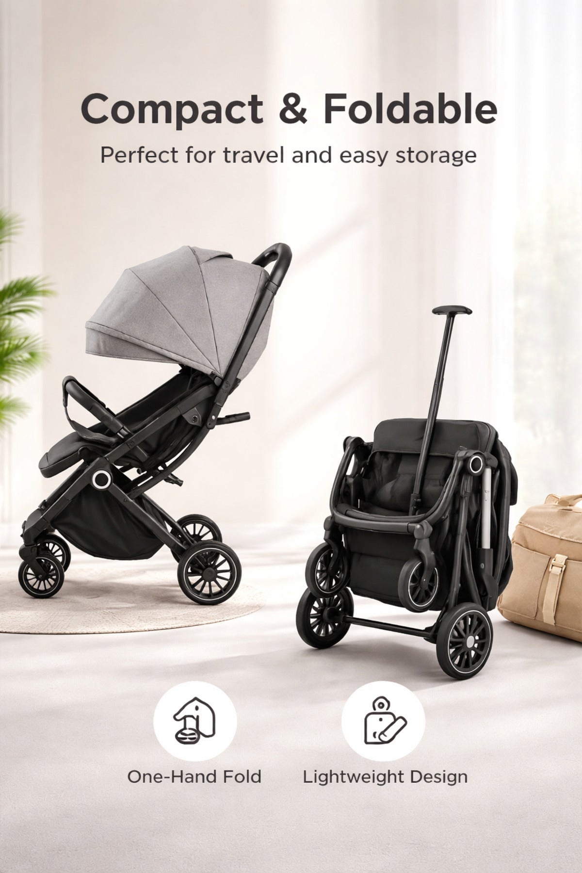 Kikibebe Lightweight Cabin Travel Stroller – Baby Toddler Pushchair with Trolley Handle, Waterproof – Grey