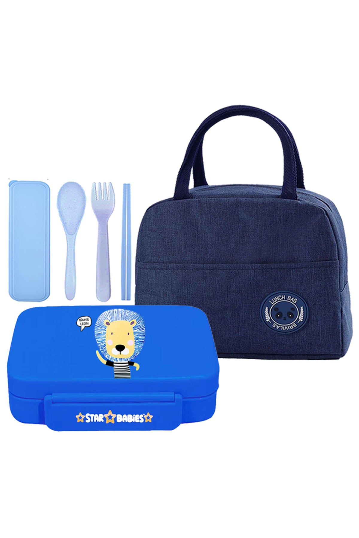 Star Babies Insulated Mini Lunch Bag with 5 Compartment Lunch Box and Fork-Spoon Set- Blue